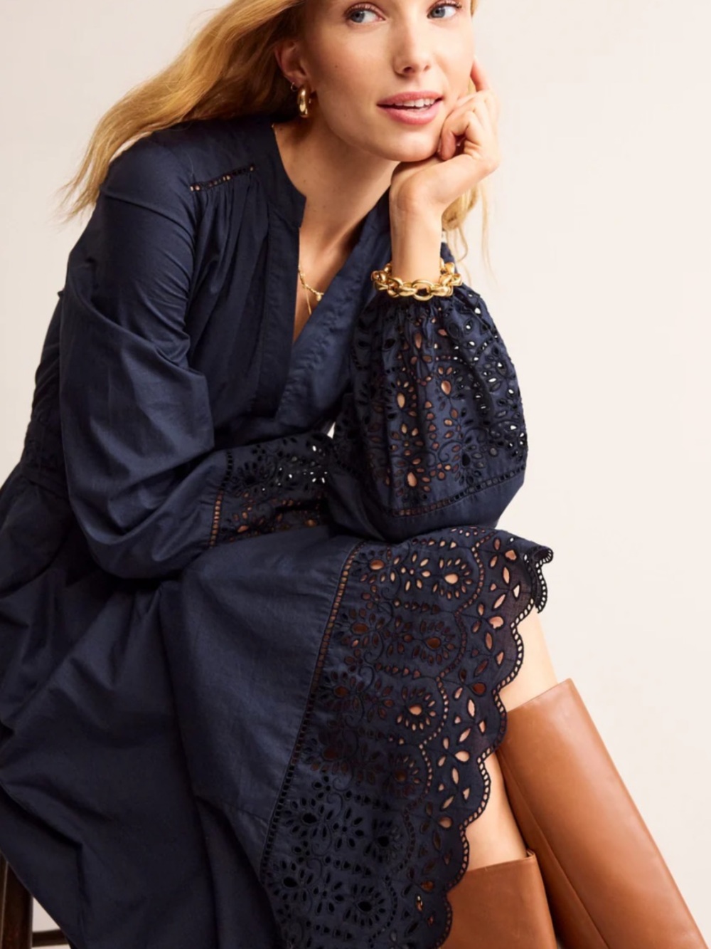 Boden Jen Broderie Cotton Midi Dress in Navy - Picture 5 of 13